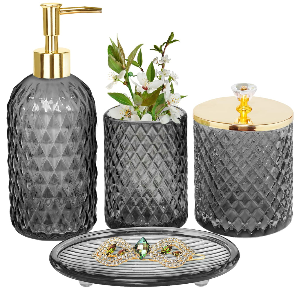 Haturi Bathroom Accessories Set, 4Pcs Sage Green Glass Bathroom Set Complete w/Bathroom Soap Dispenser Set, Toothbrush Holder, Qtip Holder, Soap Dish, Green Bathroom Decor, Gift for Home Apartment