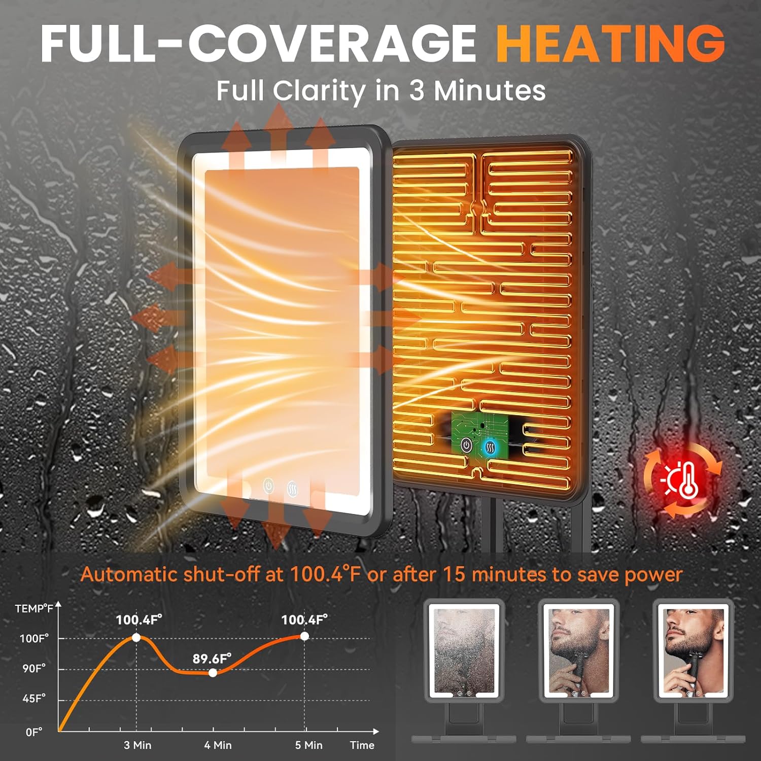 Heated Shower Mirror Fogless for Shaving with 3-Color Dimmable LED Lights, Rechargeable, 360 Degree Adjustable, Drill-Free, All-in-One Storage Tray Holds Shaving Foam, Brush and 2 Razors, Black