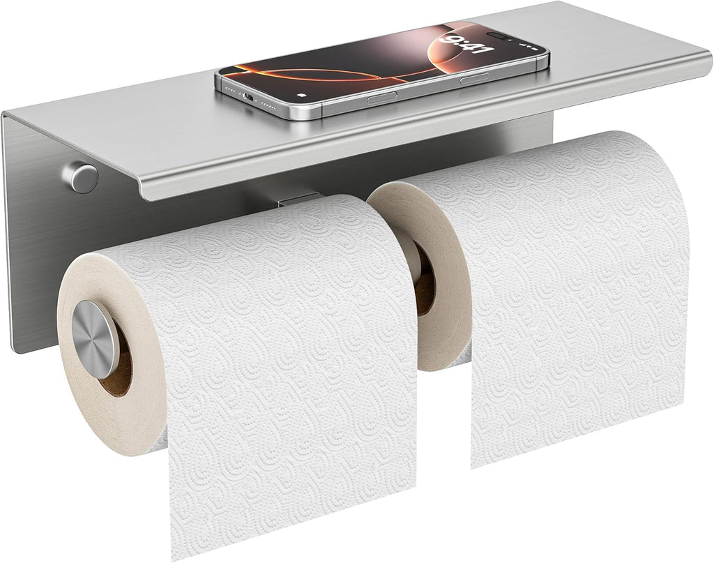 FORIOUS Double Toilet Paper Holder with Shelf, Wall Mount Tissue Roll Holder for Bathroom, 304 Stainless Steel Commercial Toilet Paper Dispensers with Phone Shelf (1, Brushed Nickel)
