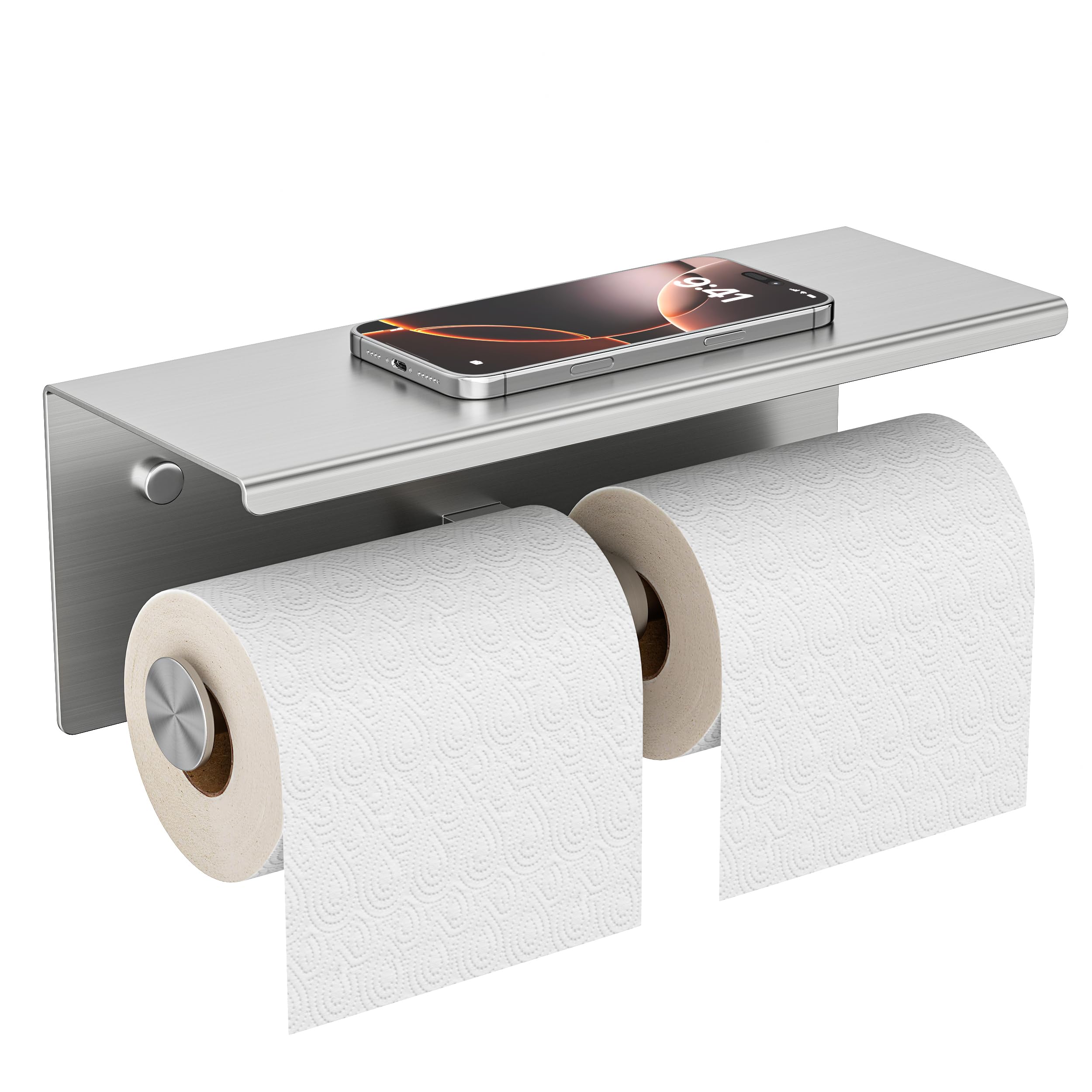 FORIOUS Double Toilet Paper Holder with Shelf, Wall Mount Tissue Roll Holder for Bathroom, 304 Stainless Steel Commercial Toilet Paper Dispensers with Phone Shelf (1, Brushed Nickel)