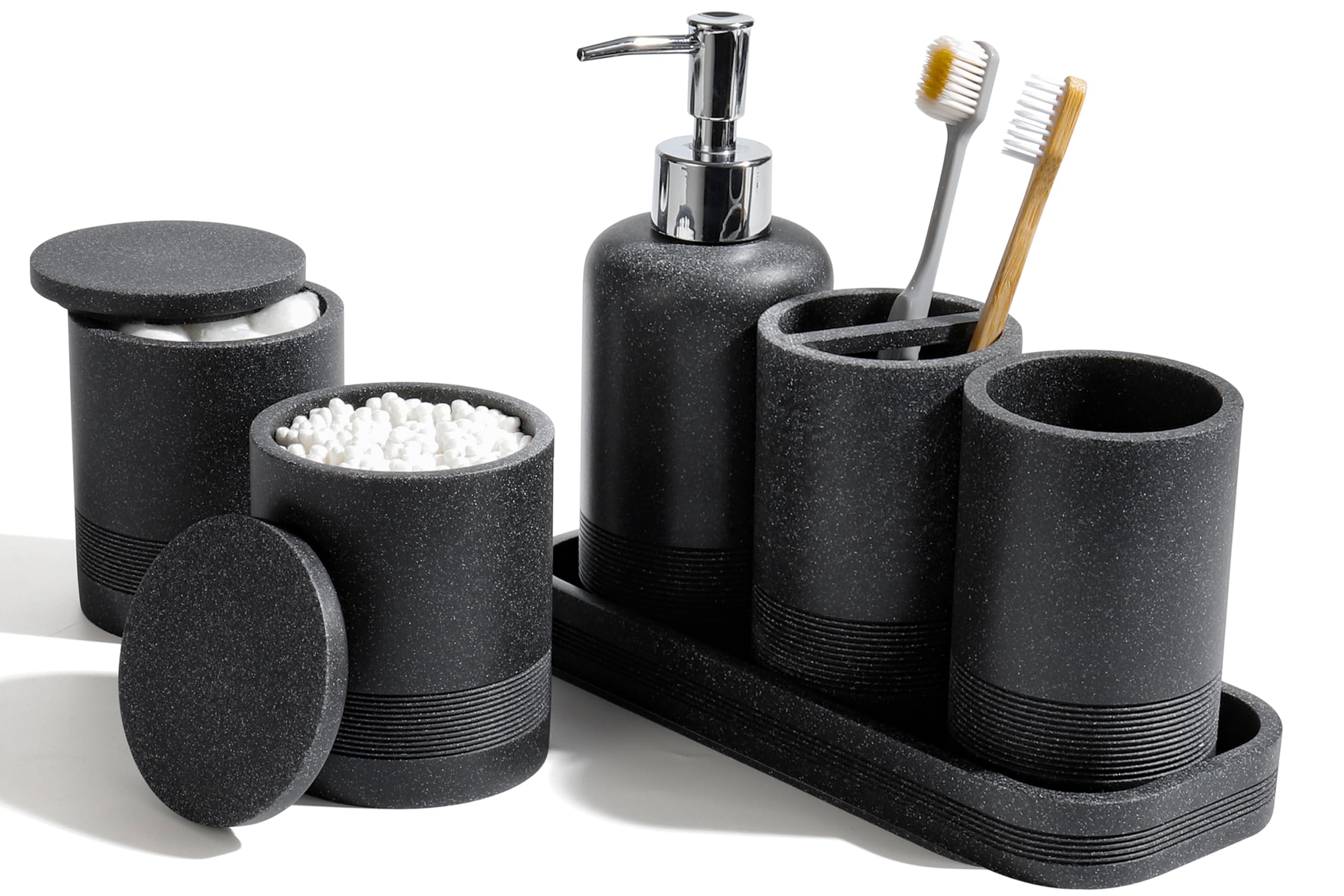 Bathroom Accessories Set, 6-Piece Bathroom Accessory Set, Toothbrush Holders Set, Soap Dispenser, Vanity Tray, Tumbler, Cotton Swab Jars, Bathroom Organizer for Modern Bathrooms(Beige)