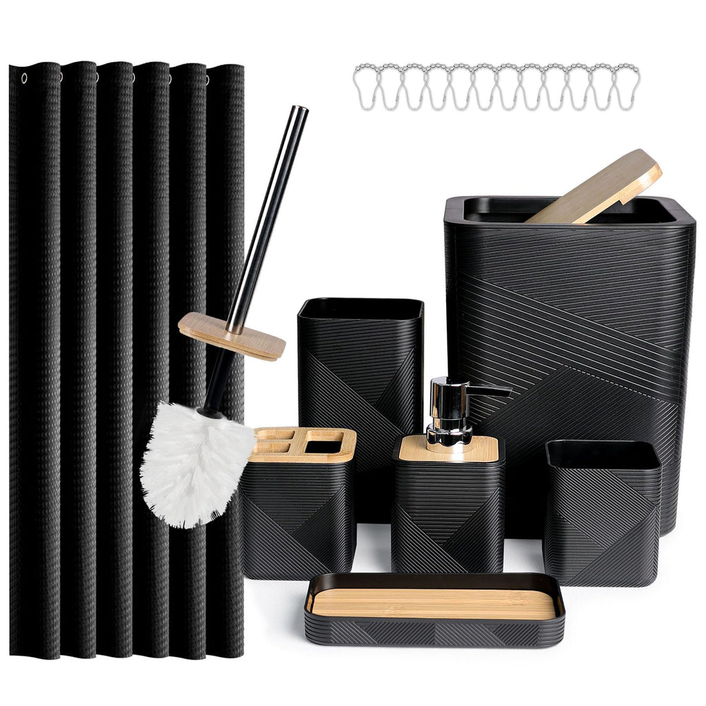 CERBIOR Bathroom Accessories Set 6 Piece Bamboo Bath Ensemble Includes Soap Dispenser, Toothbrush Holder, Toothbrush Cup, Soap Dish for Decorative Countertop and Housewarming Gift (Black)