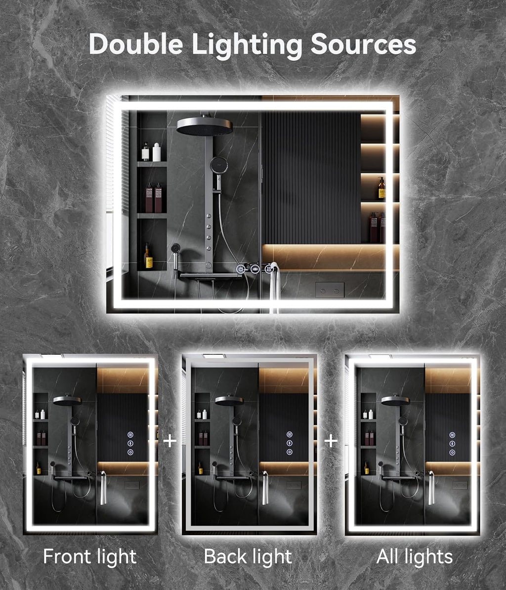 28x20 inches LED Bathroom Mirror Anti Fog Adjustable Brightness Backlit Front Lit Lighting Wall Mounted Vanity Mirror with Memory Function Shatter-Proof Tempered Glass Lighted Mirror