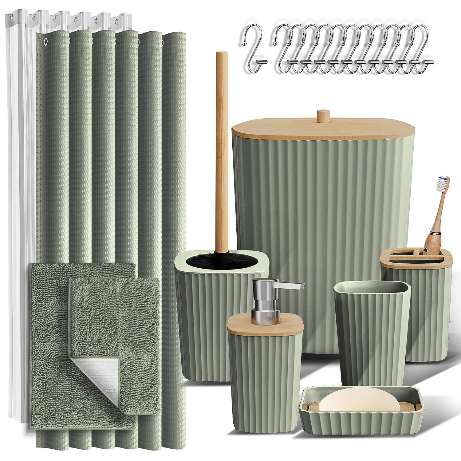 Clara Clark Bathroom Accessories Set - Bathroom Set, Bathroom Accessory Set, Shower Curtain Set, Toilet Brush, Trash Can & Soap Dispenser - Navy - 20PC