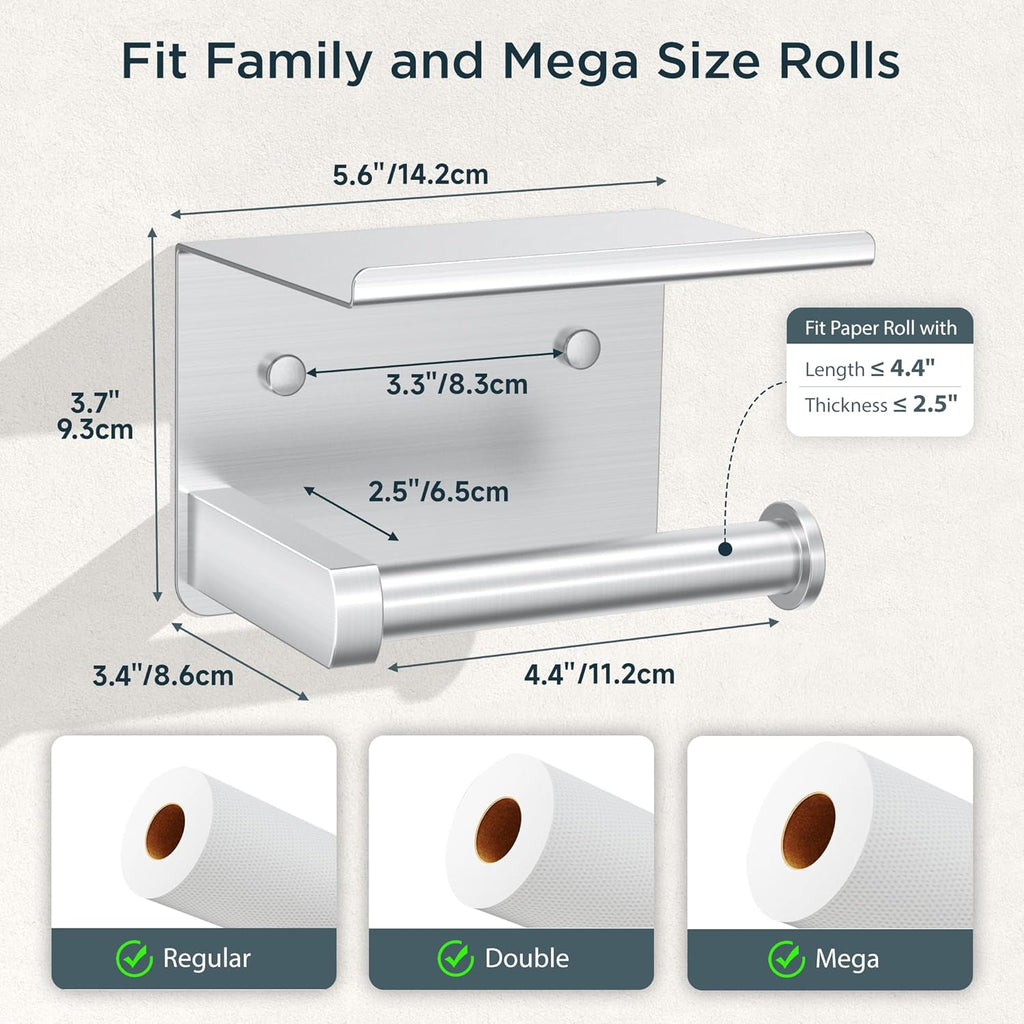 FORIOUS Toilet Paper Holder with Shelf, Adhesive or Screw Wall Mount Toilet Roll Holder for Bathroom, Rustproof 304 Stainless Steel Commercial Toilet Tissue Holder with Storage, Brushed Nickel