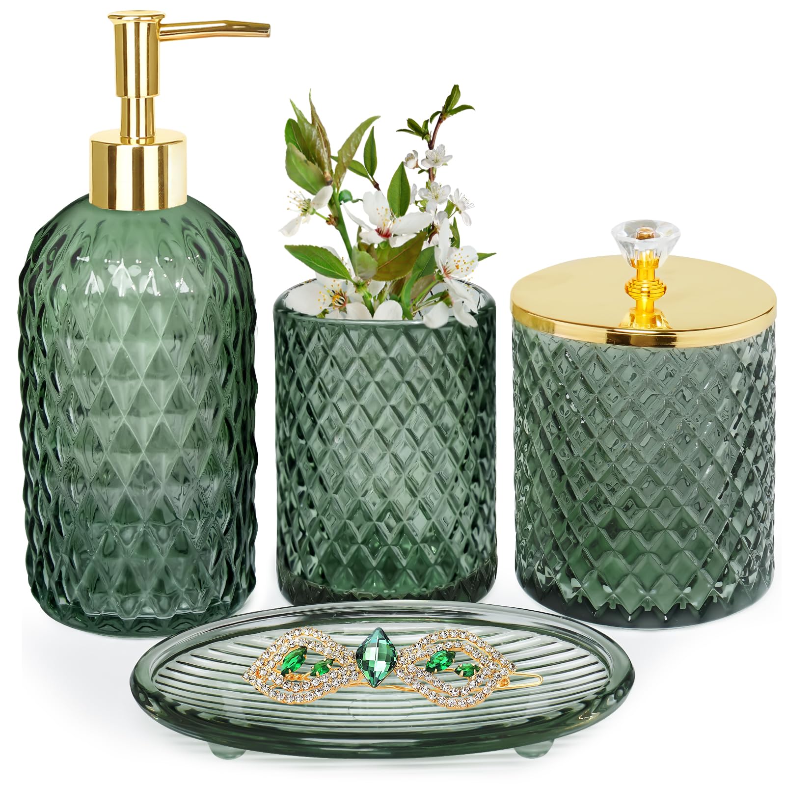 Haturi Bathroom Accessories Set, 4Pcs Sage Green Glass Bathroom Set Complete w/Bathroom Soap Dispenser Set, Toothbrush Holder, Qtip Holder, Soap Dish, Green Bathroom Decor, Gift for Home Apartment