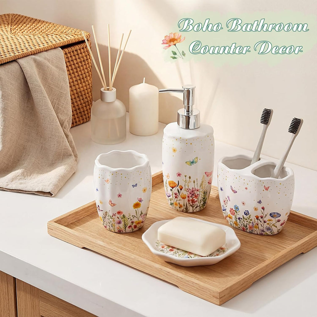 Newtay Ceramic Bathroom Accessories Set of 4, Wildflower Meadow Floral Decor with Butterflies & Gold Speckles, Soap Dispenser Pump, Toothbrush Holder, Tumbler Cup & Soap Dish for Countertop Vanity