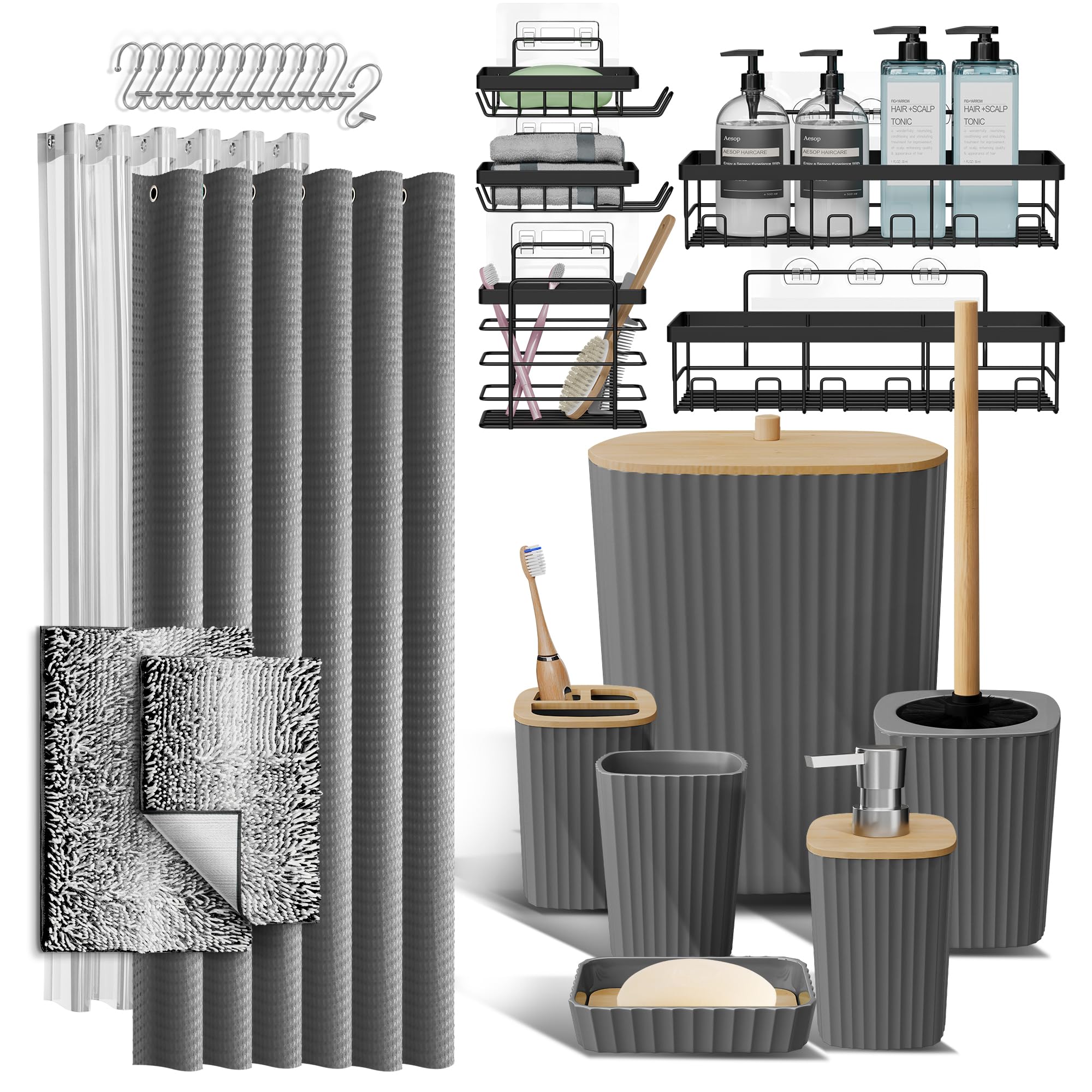 Clara Clark Bathroom Accessories Set - Bathroom Set, Bathroom Accessory Set, Shower Curtain Set, Toilet Brush, Trash Can & Soap Dispenser - Navy - 20PC