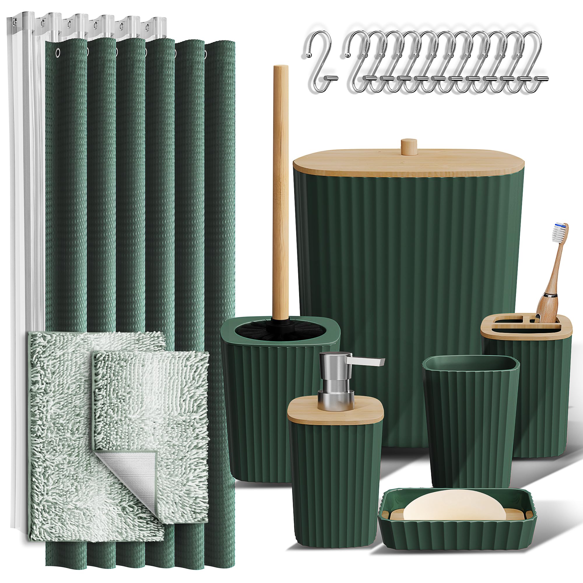 Clara Clark Bathroom Accessories Set - Bathroom Set, Bathroom Accessory Set, Shower Curtain Set, Toilet Brush, Trash Can & Soap Dispenser - Navy - 20PC