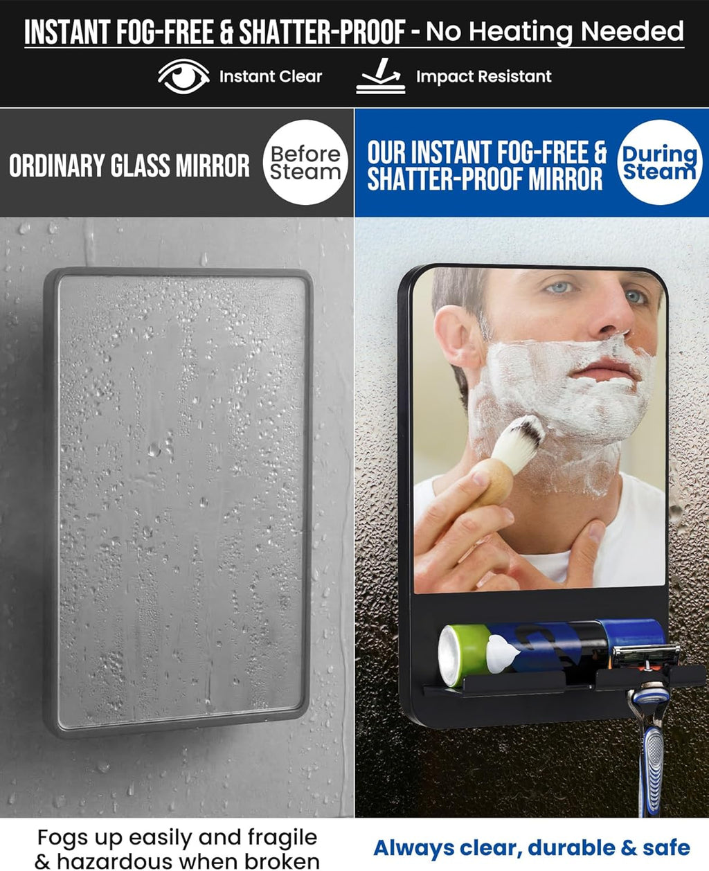 TAILI Shower Mirror Fogless for Shaving with Razor Holder – Fog Free Suction Mirrors, Removable & Shatterproof Anti-Fog Shower Mirror, Bathroom Shower Accessories for Men & Women, Black