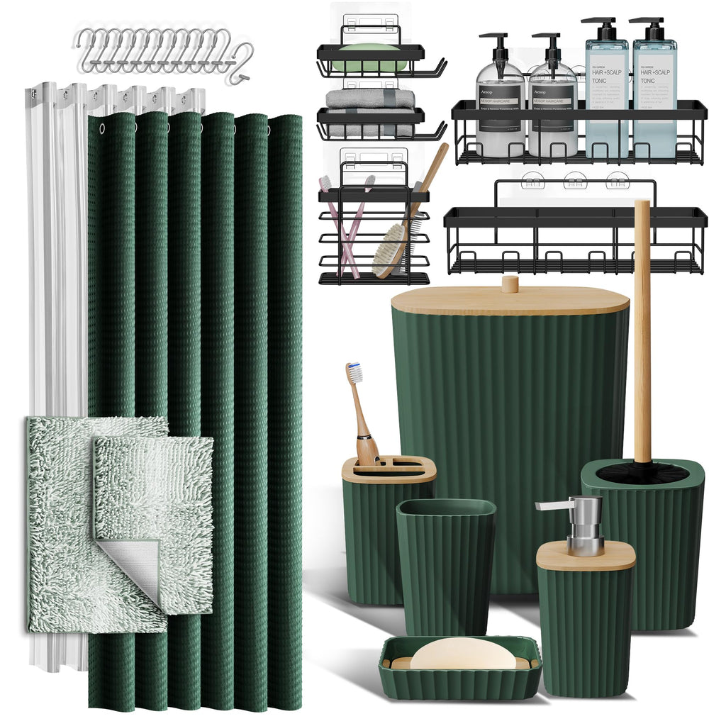 Clara Clark Bathroom Accessories Set - Bathroom Set, Bathroom Accessory Set, Shower Curtain Set, Toilet Brush, Trash Can & Soap Dispenser - Navy - 20PC
