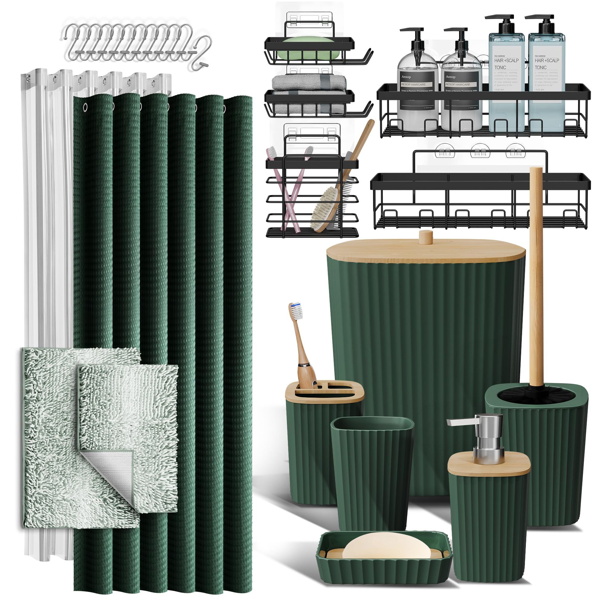 Clara Clark Bathroom Accessories Set - Bathroom Set, Bathroom Accessory Set, Shower Curtain Set, Toilet Brush, Trash Can & Soap Dispenser - Navy - 20PC