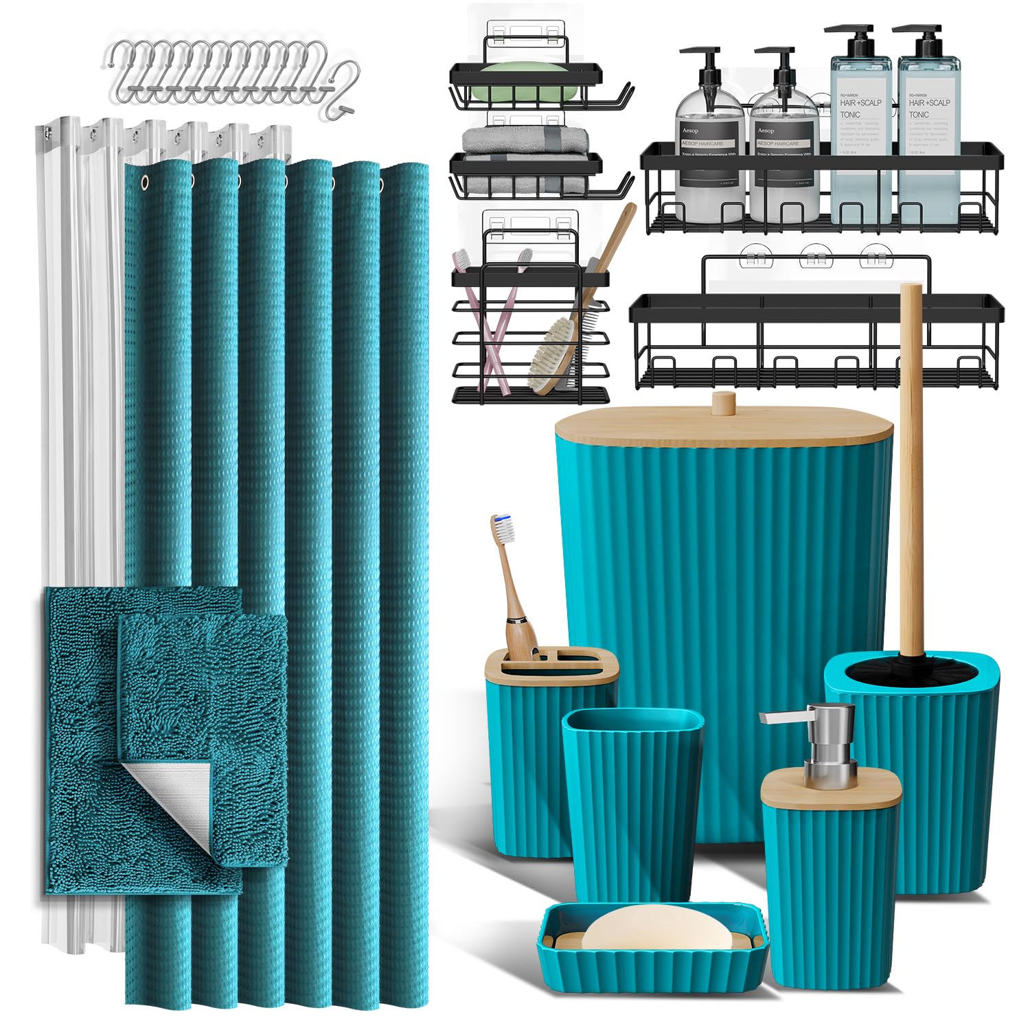 Clara Clark Bathroom Accessories Set - Bathroom Set, Bathroom Accessory Set, Shower Curtain Set, Toilet Brush, Trash Can & Soap Dispenser - Navy - 20PC