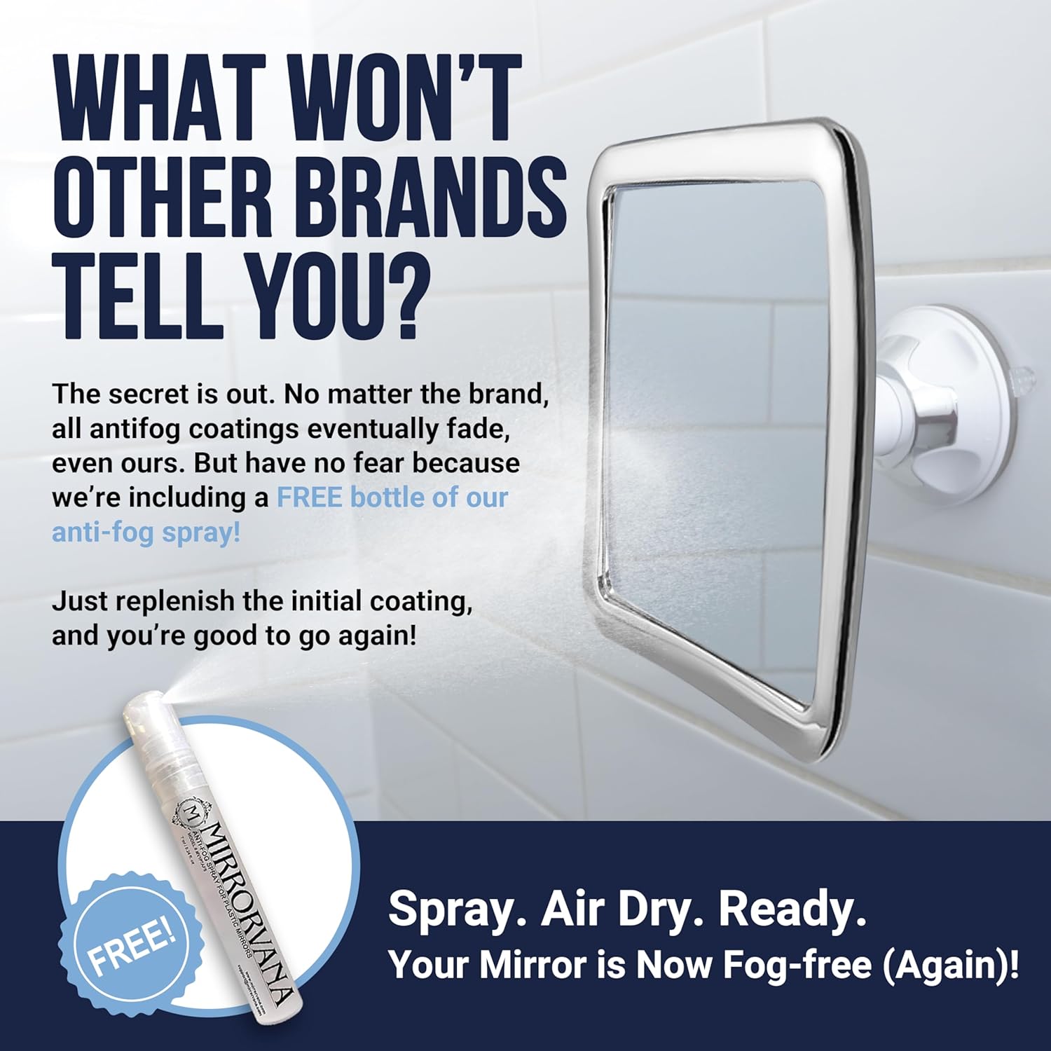 MIRRORVANA Fogless Shower Mirror for Shaving with Upgraded Suction, Anti Fog Shatterproof Surface and 360° Swivel, No Magnification, 6.3" x 6.3" (Chrome)