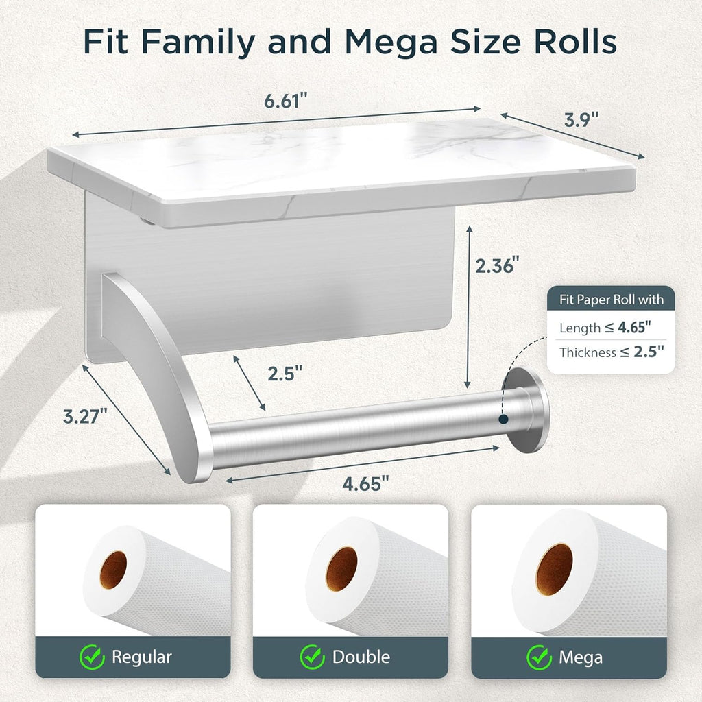 FORIOUS Toilet Paper Holder with Phone Shelf, Natural Marble Wall Mount Tissue Roll Holder for Bathroom, Washroom, 304 Stainless Steel Commercial Toilet Tissue Dispensers with Shelf, Brushed Nickel
