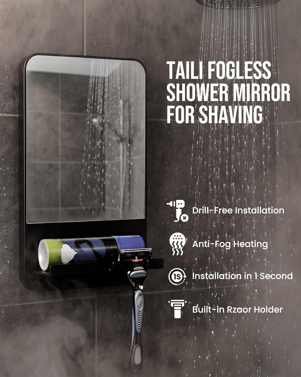 TAILI Shower Mirror Fogless for Shaving with Razor Holder – Fog Free Suction Mirrors, Removable & Shatterproof Anti-Fog Shower Mirror, Bathroom Shower Accessories for Men & Women, Black