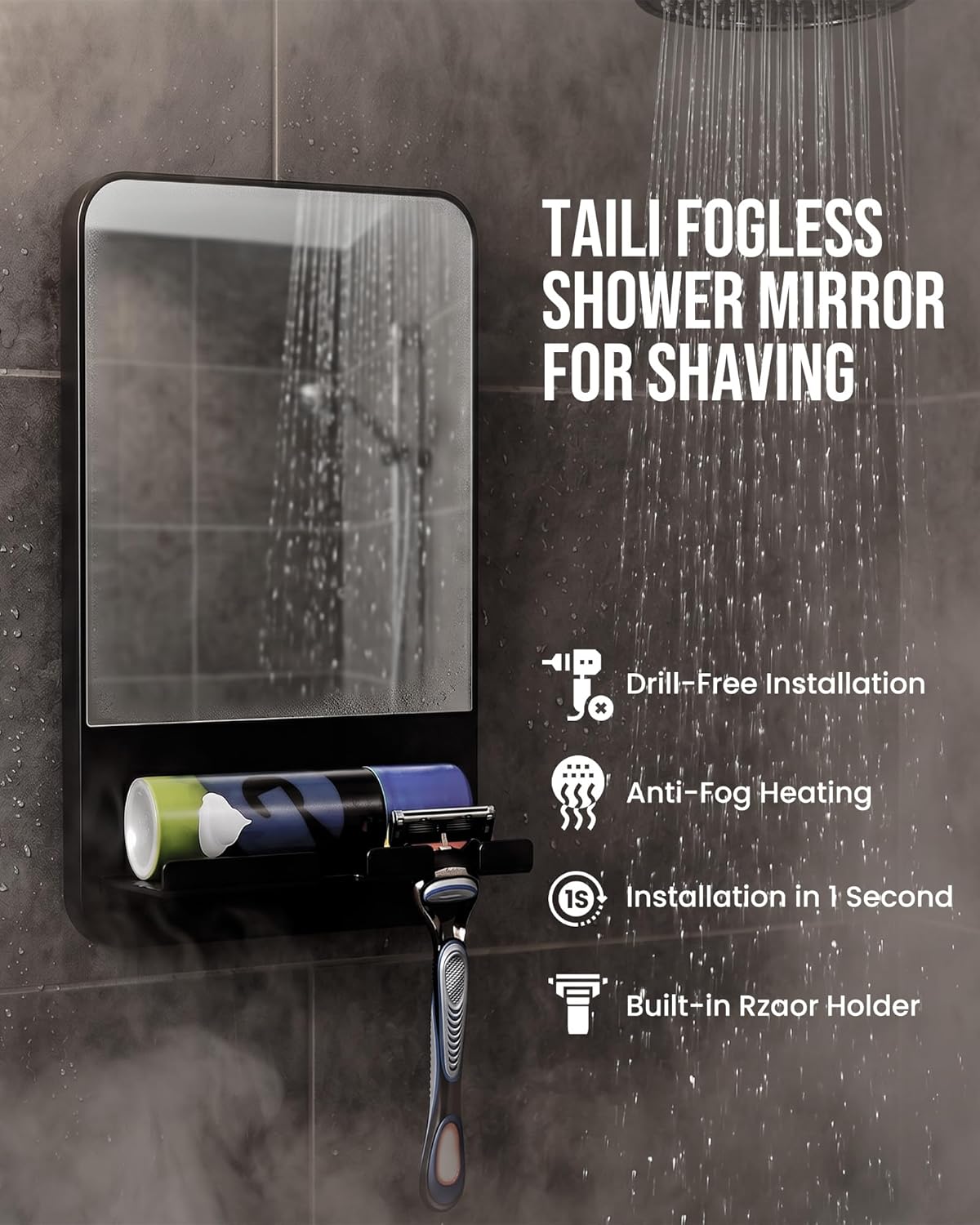 TAILI Shower Mirror Fogless for Shaving with Razor Holder – Fog Free Suction Mirrors, Removable & Shatterproof Anti-Fog Shower Mirror, Bathroom Shower Accessories for Men & Women, Black
