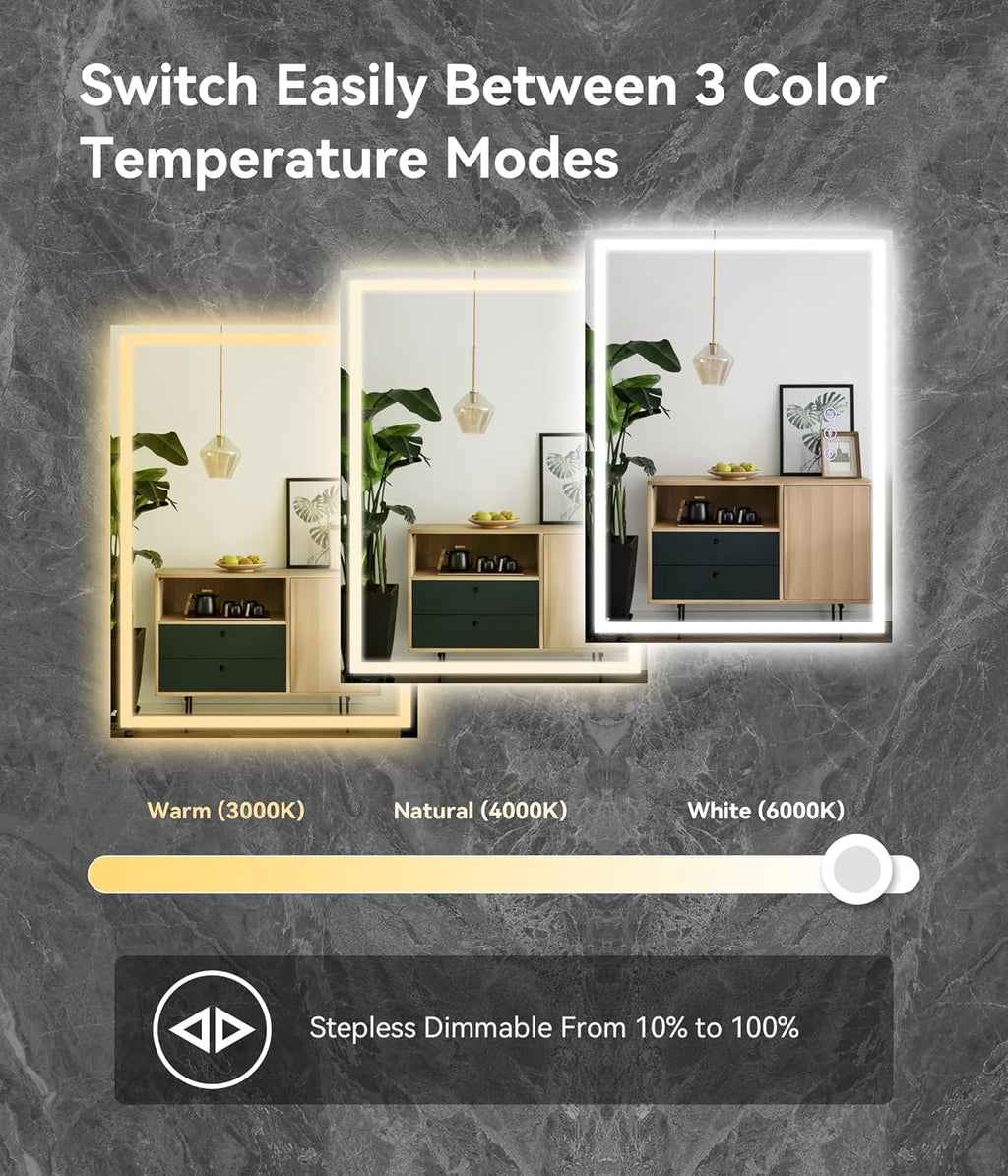 28x20 inches LED Bathroom Mirror Anti Fog Adjustable Brightness Backlit Front Lit Lighting Wall Mounted Vanity Mirror with Memory Function Shatter-Proof Tempered Glass Lighted Mirror
