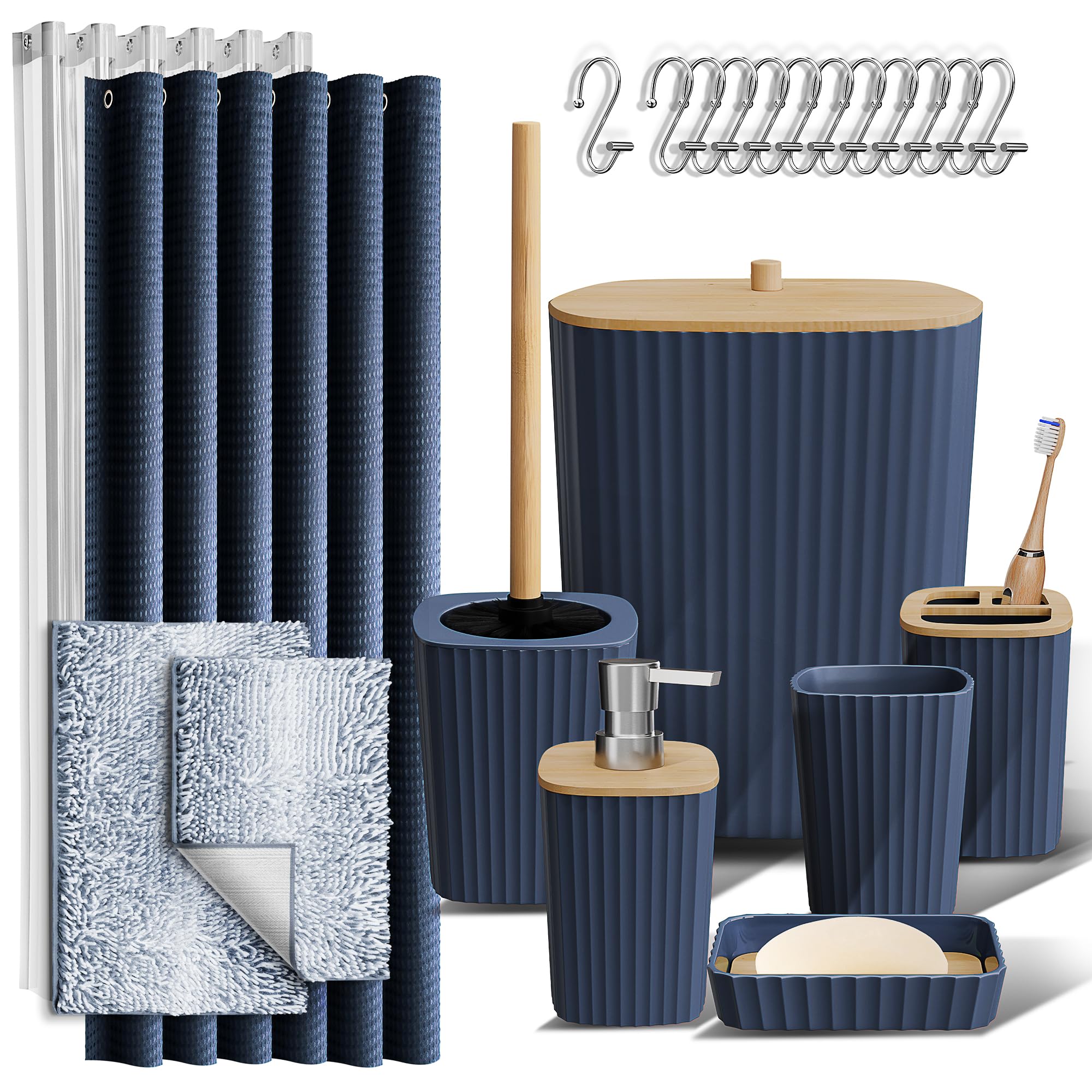 Clara Clark Bathroom Accessories Set - Bathroom Set, Bathroom Accessory Set, Shower Curtain Set, Toilet Brush, Trash Can & Soap Dispenser - Navy - 20PC