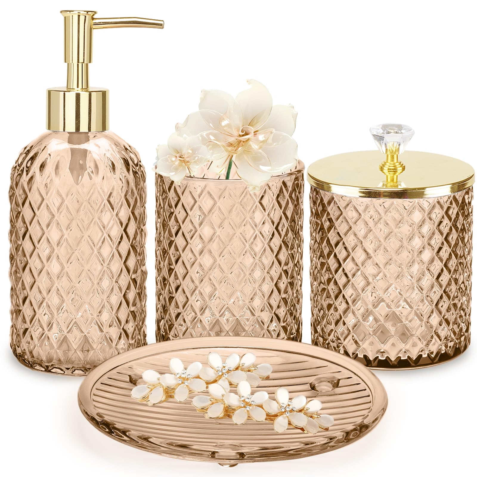 Haturi Bathroom Accessories Set, 4Pcs Sage Green Glass Bathroom Set Complete w/Bathroom Soap Dispenser Set, Toothbrush Holder, Qtip Holder, Soap Dish, Green Bathroom Decor, Gift for Home Apartment