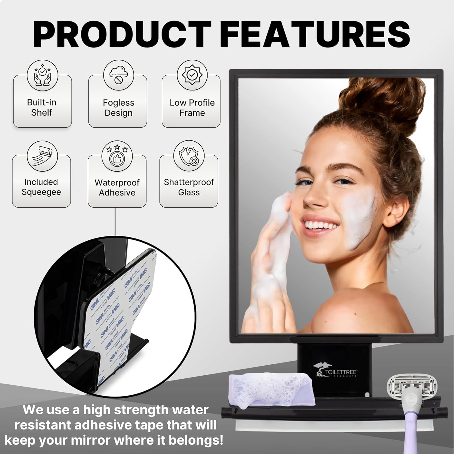 Tall Fogless Rustproof Shower Shaving Mirror Adjustable with Squeegee Impact Resistant Bathroom Accessory