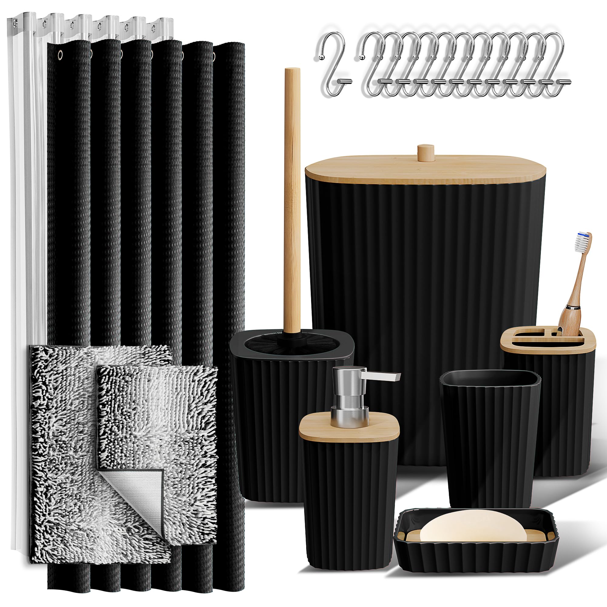 Clara Clark Bathroom Accessories Set - Bathroom Set, Bathroom Accessory Set, Shower Curtain Set, Toilet Brush, Trash Can & Soap Dispenser - Navy - 20PC