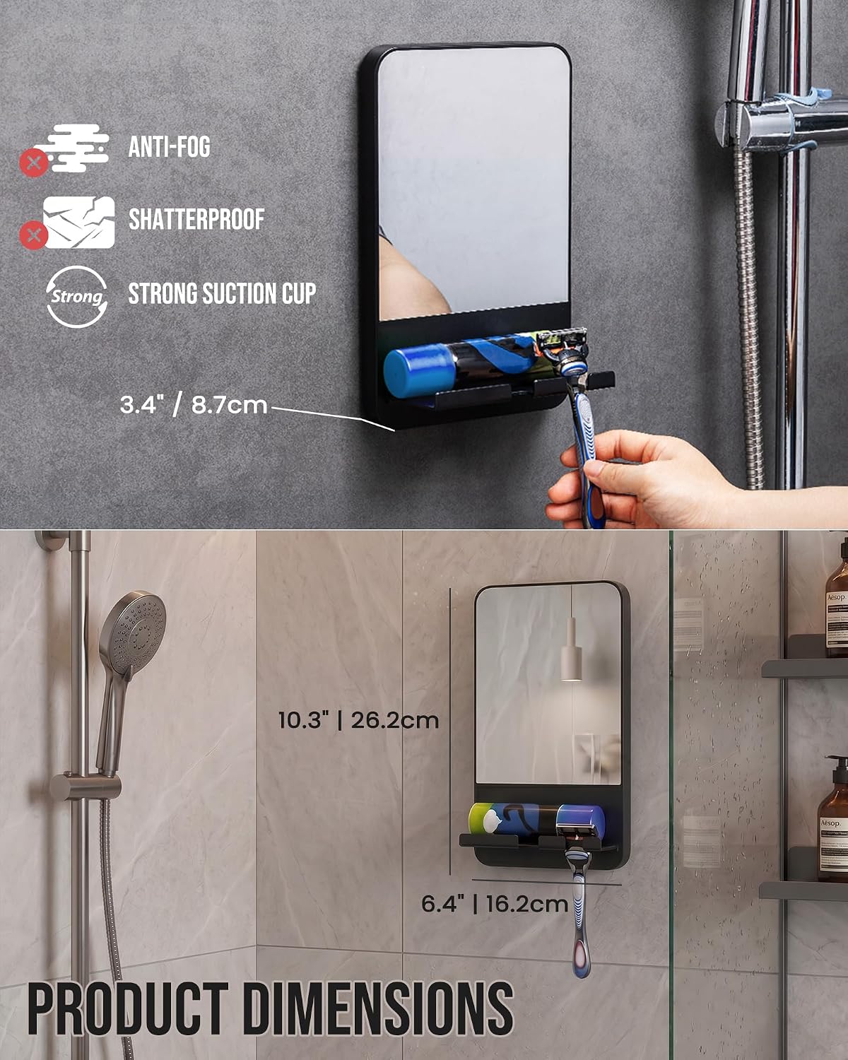 TAILI Shower Mirror Fogless for Shaving with Razor Holder – Fog Free Suction Mirrors, Removable & Shatterproof Anti-Fog Shower Mirror, Bathroom Shower Accessories for Men & Women, Black