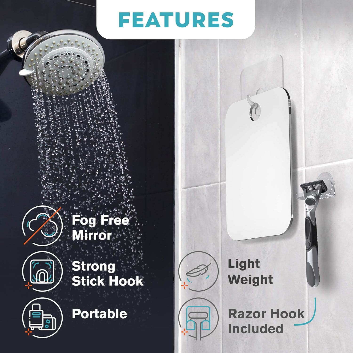 HONEYBULL Fogless Shower Mirror for Shaving – Anti-Fog Acrylic Mirror with Razor Holder, No-Drill Wall Mount, Flat Design for Steam Showers, Medium 6x8in