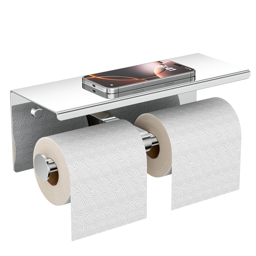 FORIOUS Double Toilet Paper Holder with Shelf, Wall Mount Tissue Roll Holder for Bathroom, 304 Stainless Steel Commercial Toilet Paper Dispensers with Phone Shelf (1, Brushed Nickel)