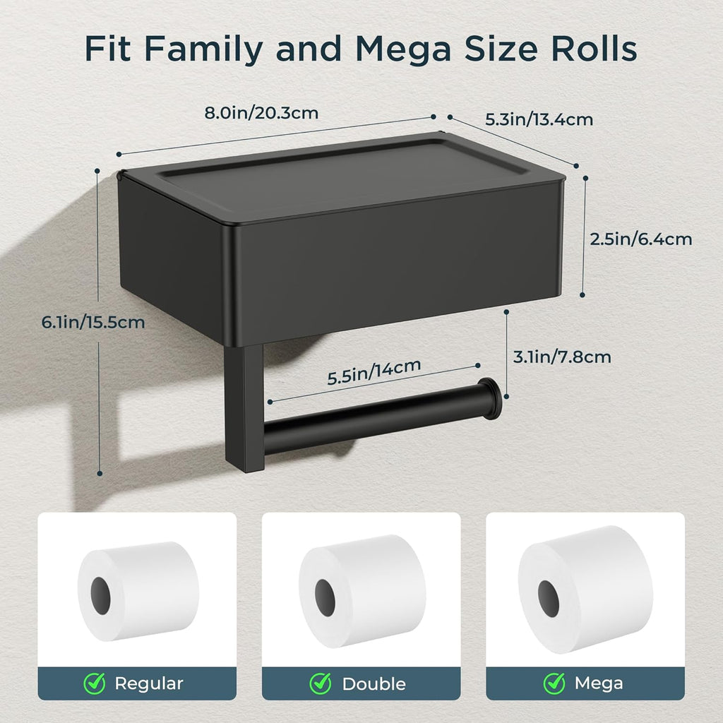 FORIOUS Toilet Paper Holder with Shelf, Sanitary Napkin Receptacle Tampon Holder, Wall Mount Toilet Paper Holder with Storage, Flushable Wipes Dispenser Fits for Bathroom Commercial(1, Matte Black)