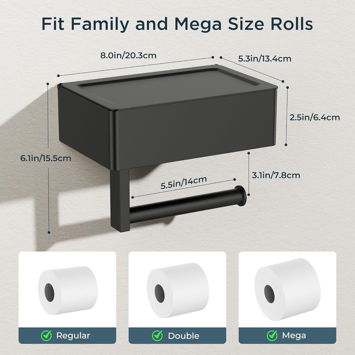 FORIOUS Toilet Paper Holder with Shelf, Sanitary Napkin Receptacle Tampon Holder, Wall Mount Toilet Paper Holder with Storage, Flushable Wipes Dispenser Fits for Bathroom Commercial(1, Matte Black)
