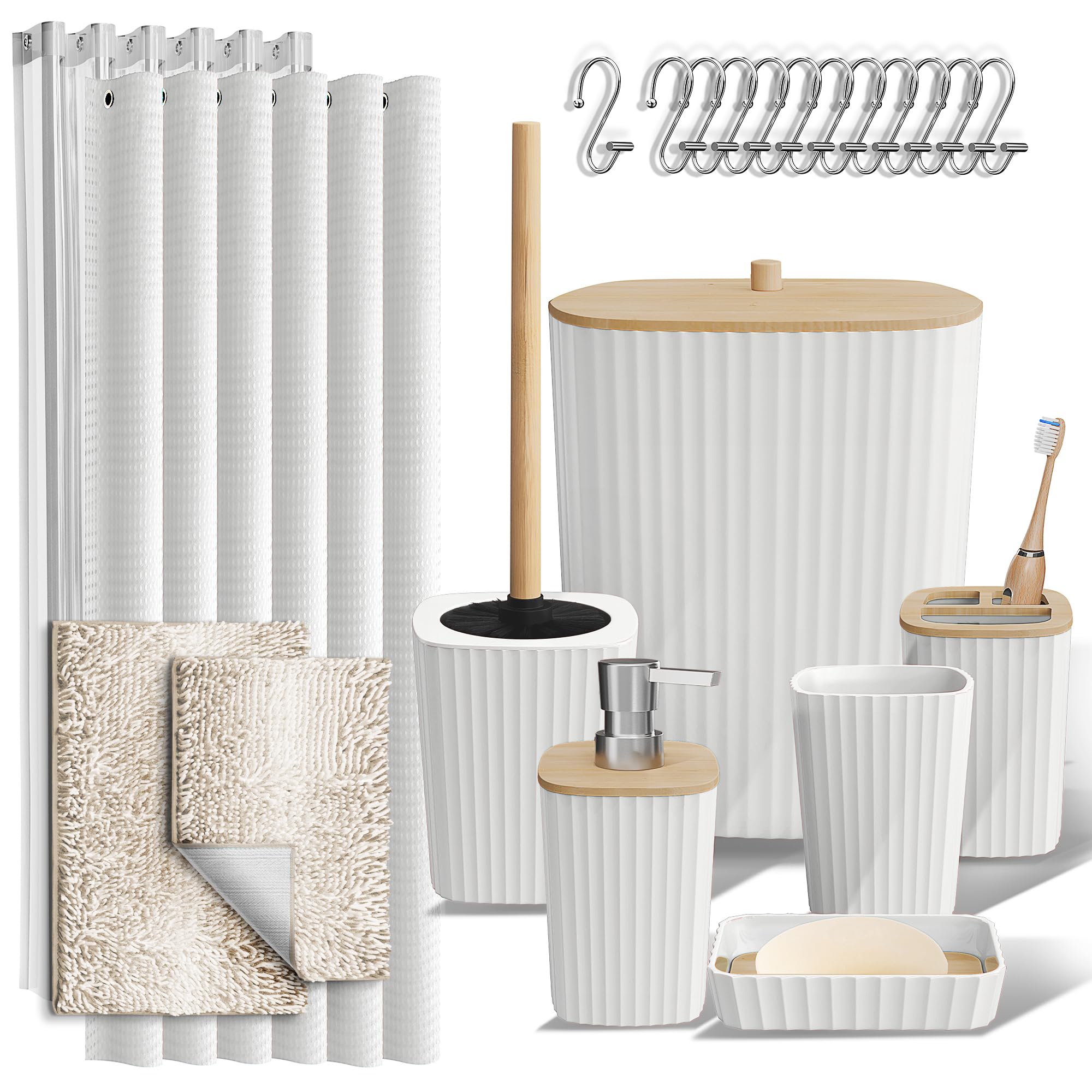 Clara Clark Bathroom Accessories Set - Bathroom Set, Bathroom Accessory Set, Shower Curtain Set, Toilet Brush, Trash Can & Soap Dispenser - Navy - 20PC