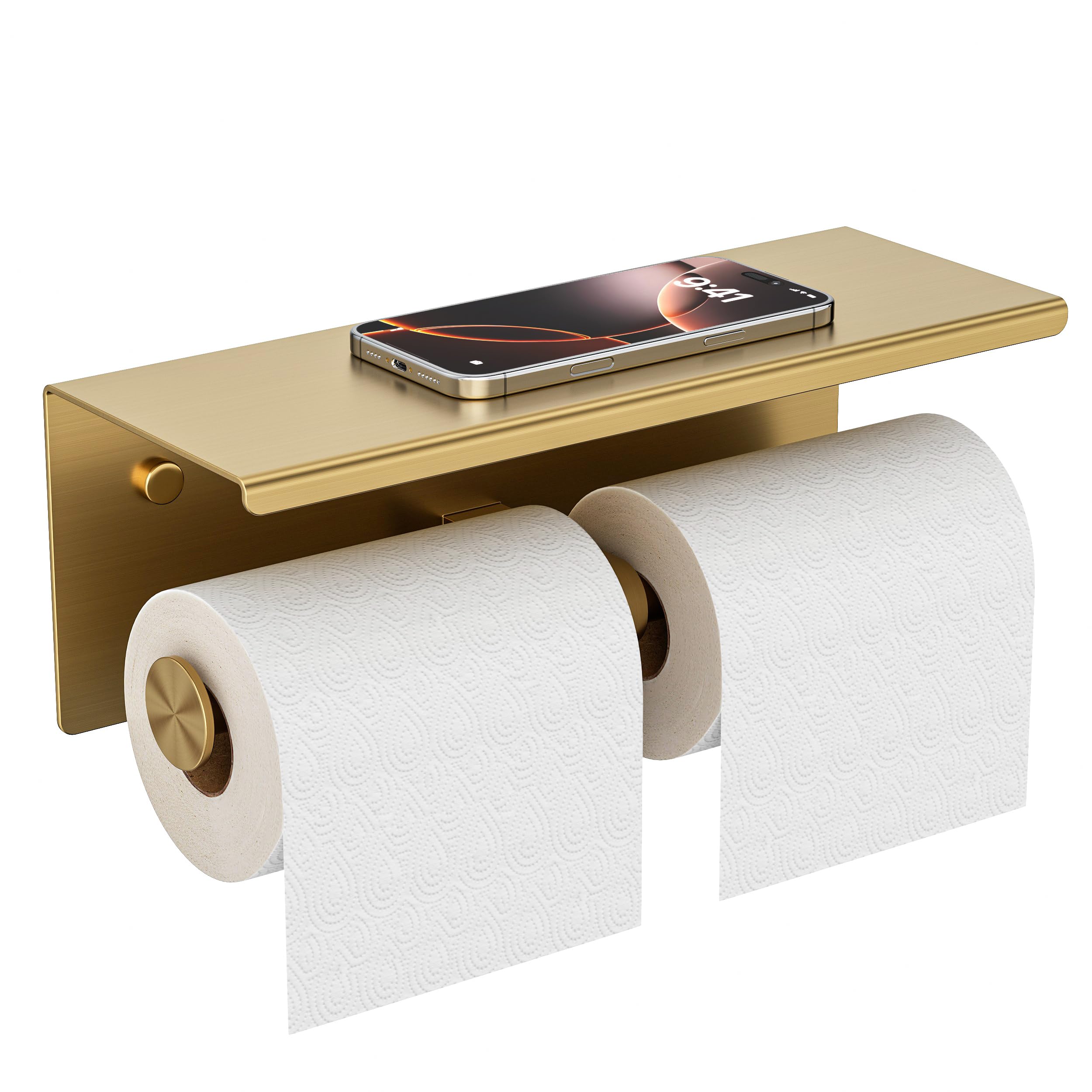 FORIOUS Double Toilet Paper Holder with Shelf, Wall Mount Tissue Roll Holder for Bathroom, 304 Stainless Steel Commercial Toilet Paper Dispensers with Phone Shelf (1, Brushed Nickel)