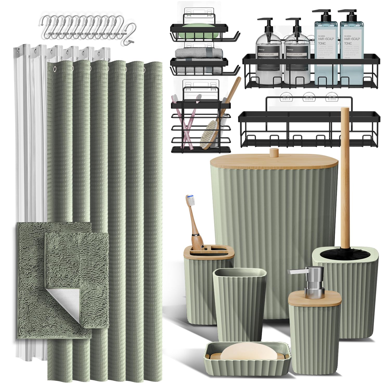 Clara Clark Bathroom Accessories Set - Bathroom Set, Bathroom Accessory Set, Shower Curtain Set, Toilet Brush, Trash Can & Soap Dispenser - Navy - 20PC