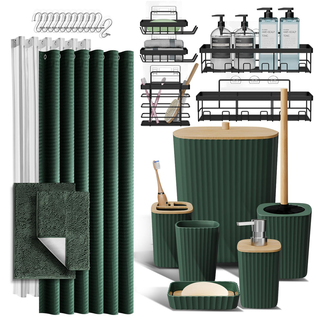 Clara Clark Bathroom Accessories Set - Bathroom Set, Bathroom Accessory Set, Shower Curtain Set, Toilet Brush, Trash Can & Soap Dispenser - Navy - 20PC