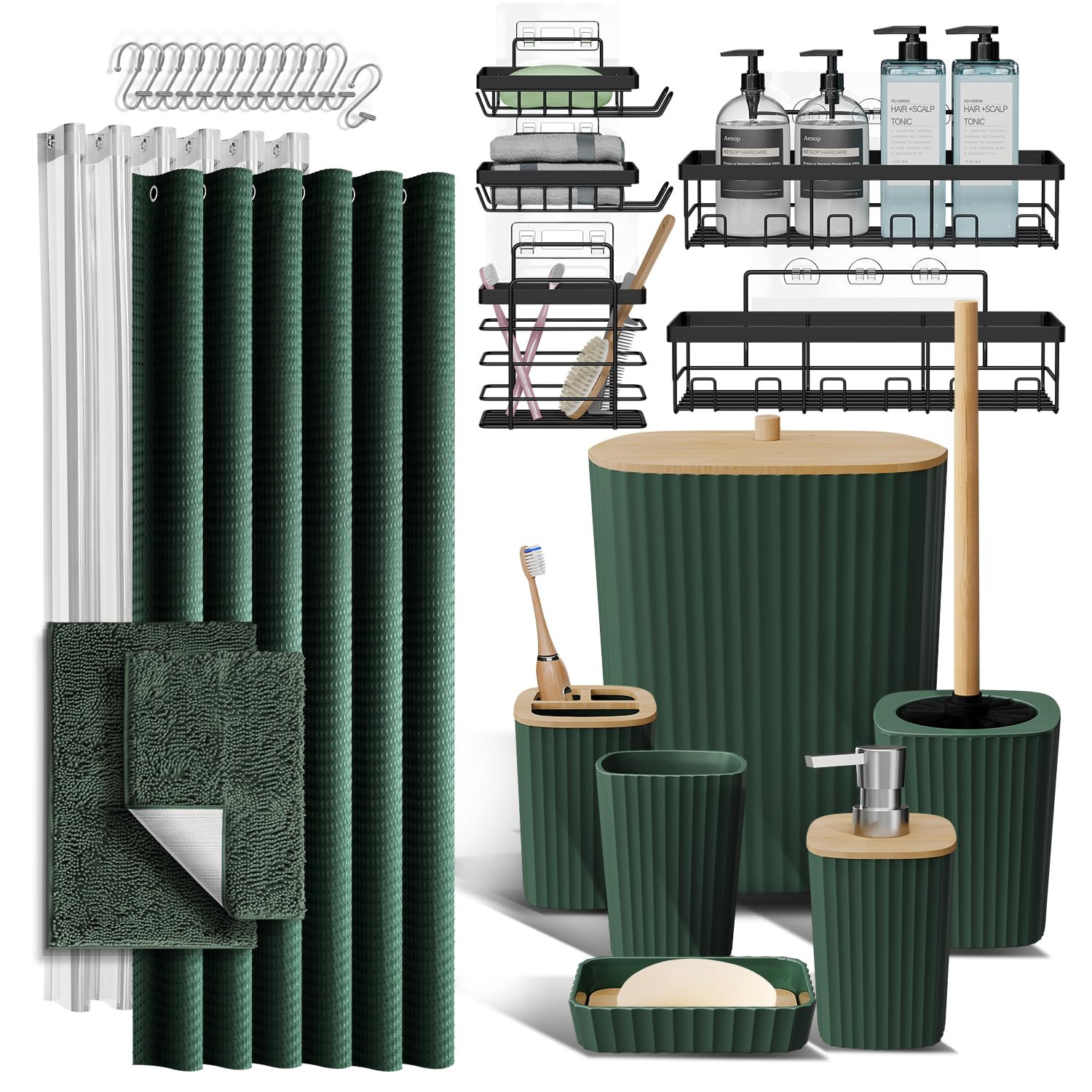 Clara Clark Bathroom Accessories Set - Bathroom Set, Bathroom Accessory Set, Shower Curtain Set, Toilet Brush, Trash Can & Soap Dispenser - Navy - 20PC