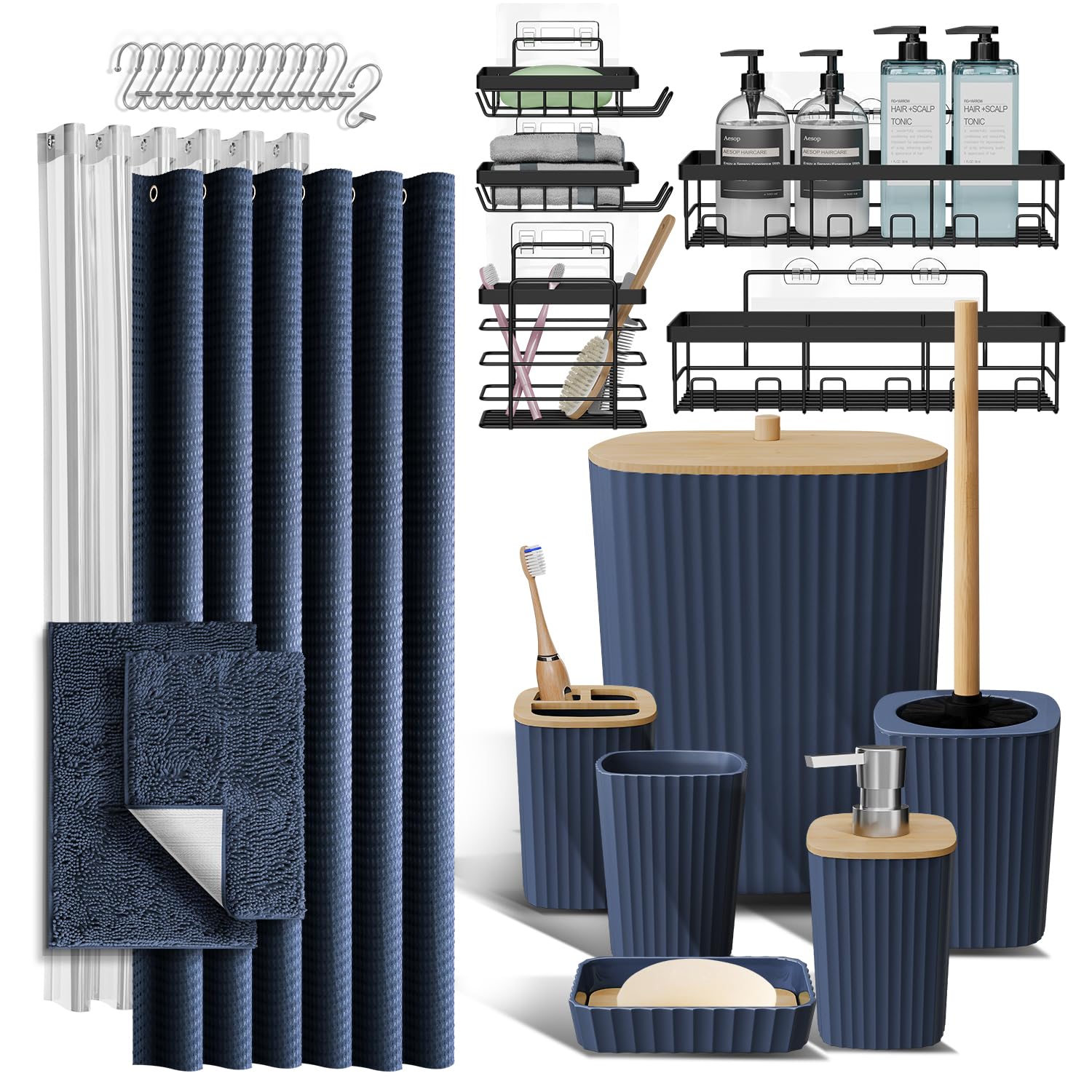 Clara Clark Bathroom Accessories Set - Bathroom Set, Bathroom Accessory Set, Shower Curtain Set, Toilet Brush, Trash Can & Soap Dispenser - Navy - 20PC