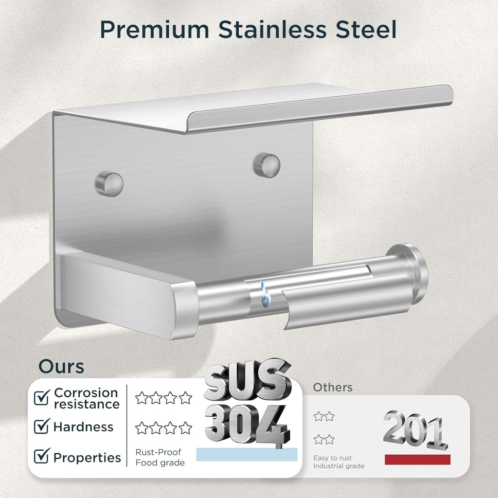 FORIOUS Toilet Paper Holder with Shelf, Adhesive or Screw Wall Mount Toilet Roll Holder for Bathroom, Rustproof 304 Stainless Steel Commercial Toilet Tissue Holder with Storage, Brushed Nickel