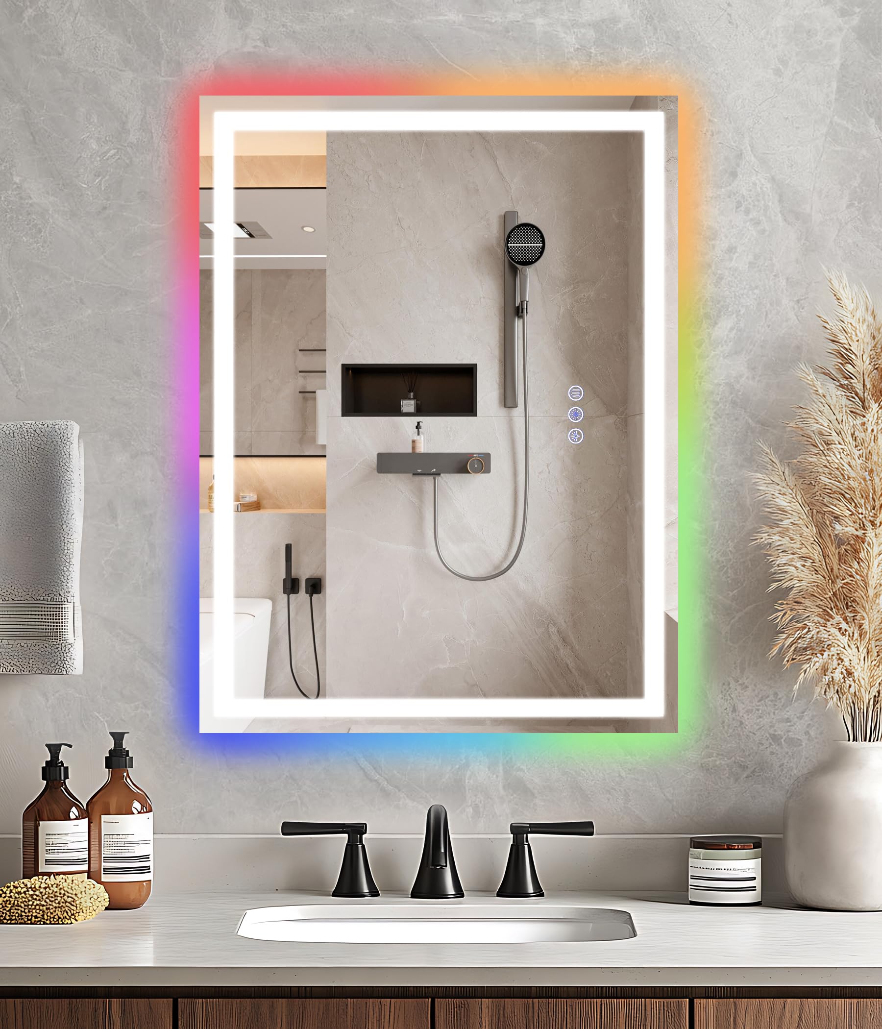 28x20 inches LED Bathroom Mirror Anti Fog Adjustable Brightness Backlit Front Lit Lighting Wall Mounted Vanity Mirror with Memory Function Shatter-Proof Tempered Glass Lighted Mirror