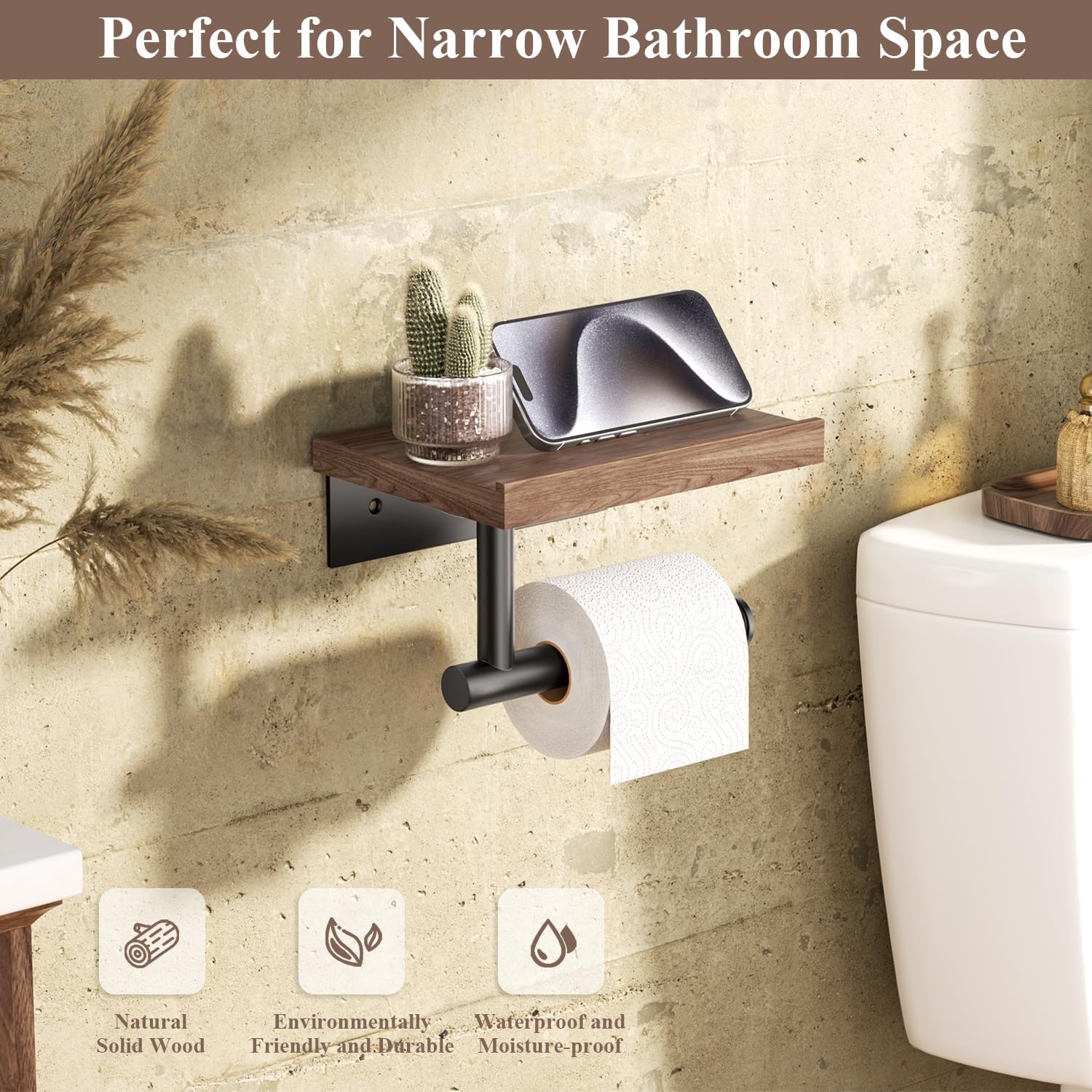 Walnut Matte Black Stainless Steel Wall Mount Toilet Paper Holder with Storage Shelf Bathroom Restroom Decor Accessory