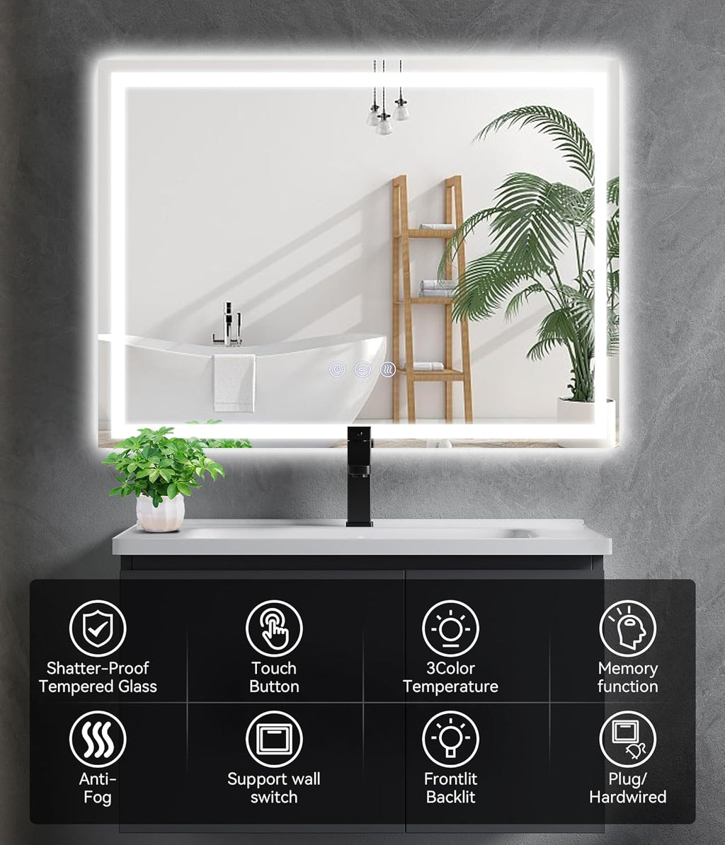 28x20 inches LED Bathroom Mirror Anti Fog Adjustable Brightness Backlit Front Lit Lighting Wall Mounted Vanity Mirror with Memory Function Shatter-Proof Tempered Glass Lighted Mirror