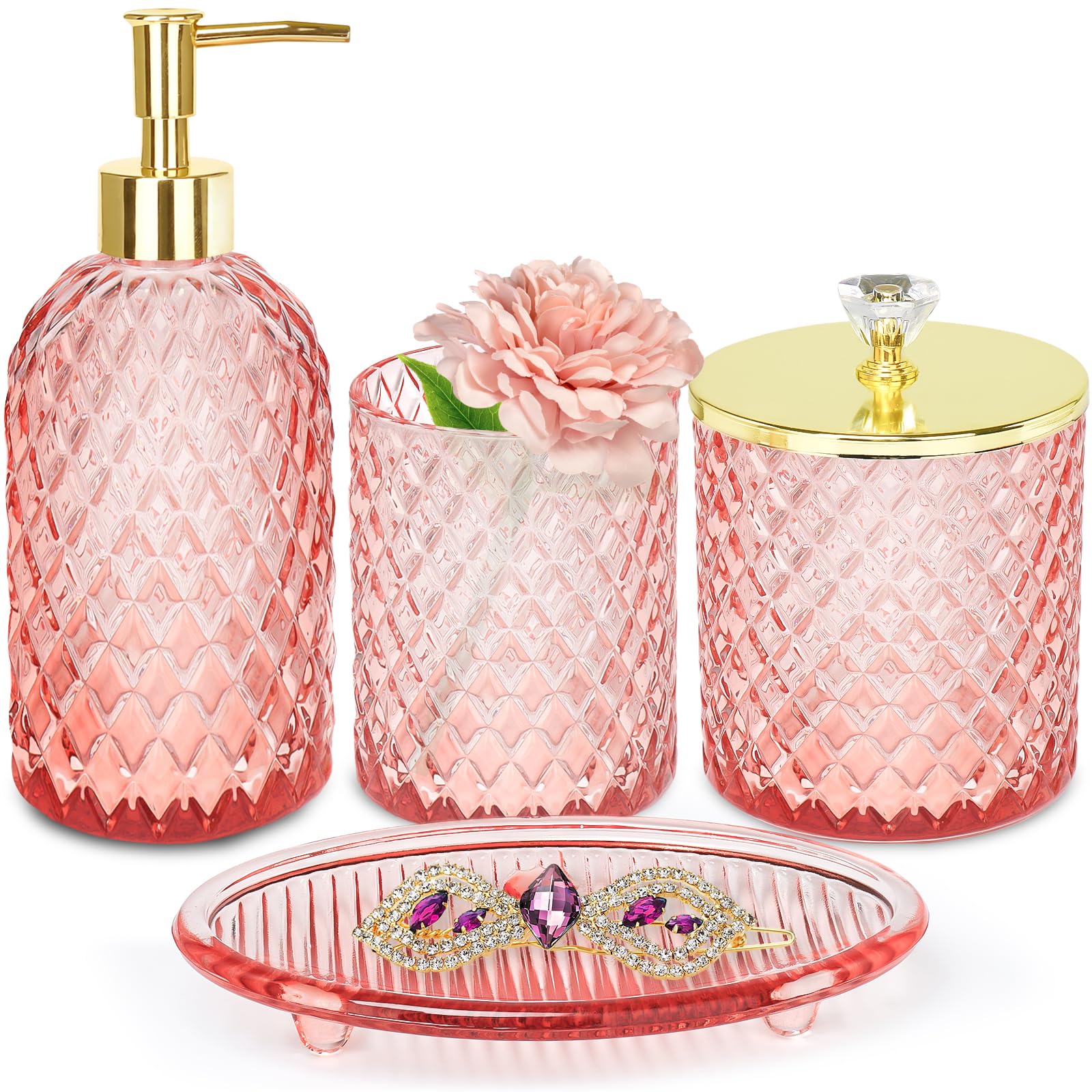 Haturi Bathroom Accessories Set, 4Pcs Sage Green Glass Bathroom Set Complete w/Bathroom Soap Dispenser Set, Toothbrush Holder, Qtip Holder, Soap Dish, Green Bathroom Decor, Gift for Home Apartment