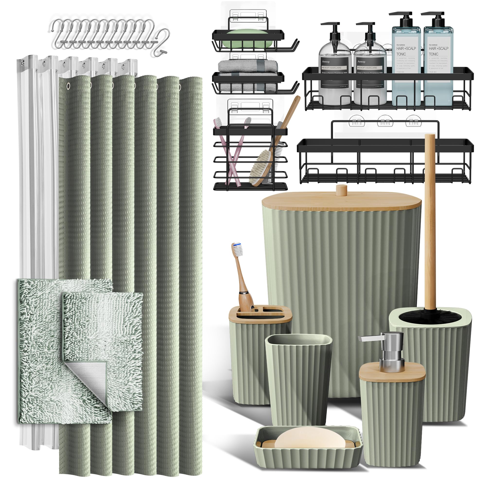 Clara Clark Bathroom Accessories Set - Bathroom Set, Bathroom Accessory Set, Shower Curtain Set, Toilet Brush, Trash Can & Soap Dispenser - Navy - 20PC