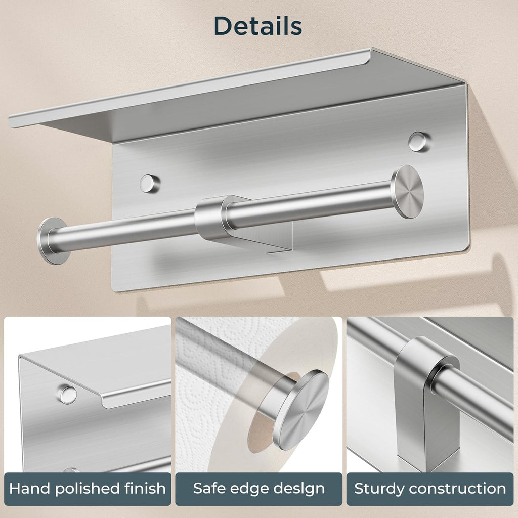 FORIOUS Double Toilet Paper Holder with Shelf, Wall Mount Tissue Roll Holder for Bathroom, 304 Stainless Steel Commercial Toilet Paper Dispensers with Phone Shelf (1, Brushed Nickel)