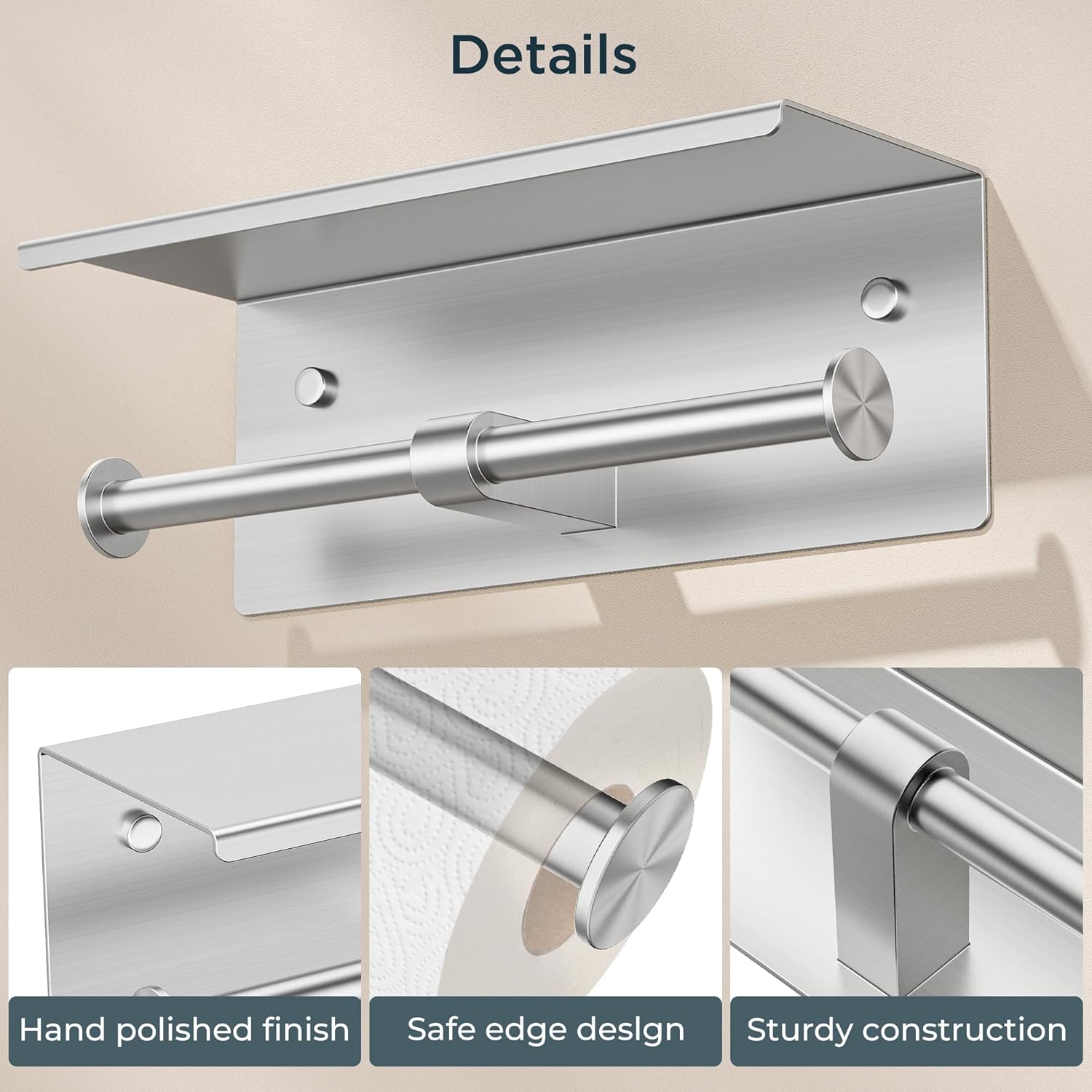FORIOUS Double Toilet Paper Holder with Shelf, Wall Mount Tissue Roll Holder for Bathroom, 304 Stainless Steel Commercial Toilet Paper Dispensers with Phone Shelf (1, Brushed Nickel)